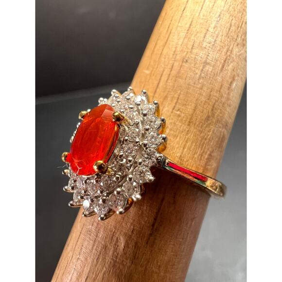 NEW Mexican Cherry fire opal moissanite halo ring in vermeil YG over 925 size 5 - Picture 14 of 16